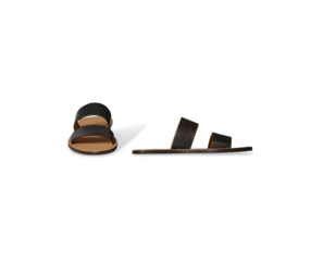 A Black Leather Sandal With Two Straps, Brown Leather Footbed, Flat Sandal on transparent Background, comfortable slip-on style. Ideal for casual wear.