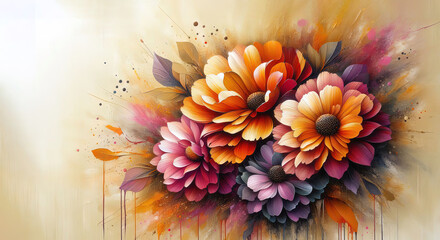 Abstract painting of large colorful flowers with orange, pink and purple petals on a textured golden background, splattered paint, modern art style. Banner, invitation, wall art, greeting card