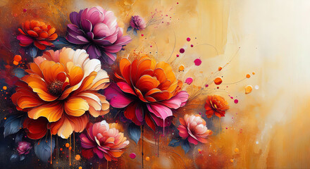 Abstract painting of large colorful flowers with orange, pink and purple petals on a textured golden background, splattered paint, modern art style. Banner, invitation, wall art, greeting card
