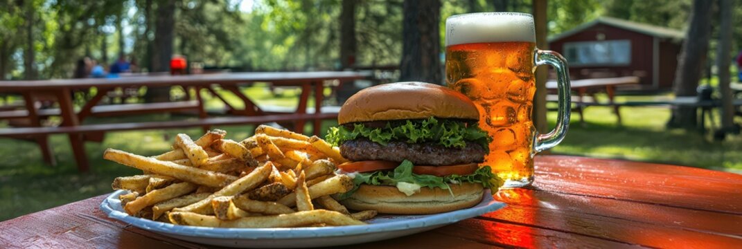 A classic burger and fries served with a frosty mug of beer on a picnic table - Powered by Adobe