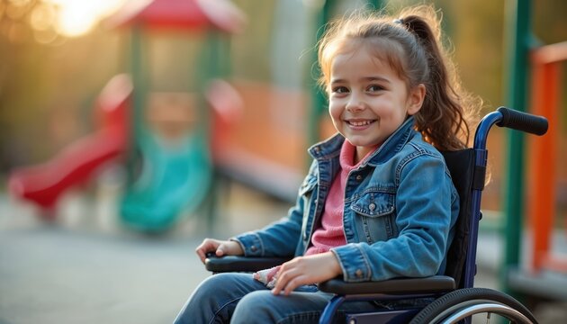 Young girl in wheelchair smiles brightly. She is at an outdoor playground with colorful equipment in background. Daytime sun creates warm outdoor lighting on her face.