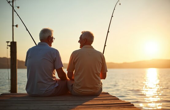Two elderly men talk freshwater fishing from wooden pier at sunset. Sit side by side, holding fishing rods, enjoying calm lake, warm golden light. Scene signifies relaxation, companionship.
