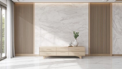 White and bleached-toned Japandi style living area with wooden dresser and wall display. Marble flooring and decorative wall covering. Contemporary design, 3D render