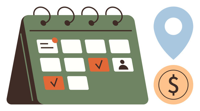 Desk calendar featuring marked dates, person icon, location pin, and dollar coin symbolizing organization, meetings, budgeting, and event planning. Ideal for time management, productivity