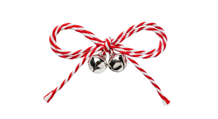 A red and white striped bow with two silver bells tied to it.