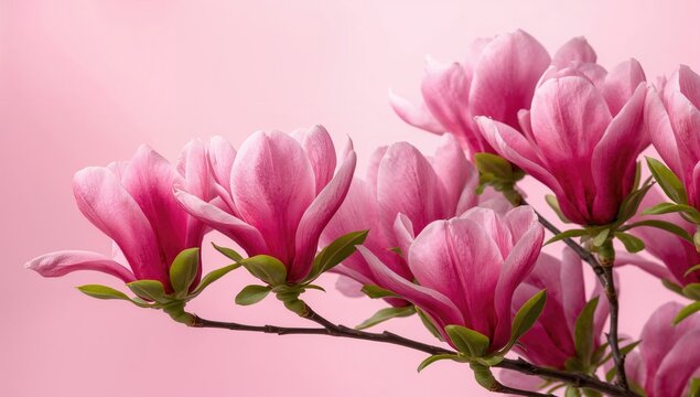 Bright pink magnolia blossoms in full bloom with soft backdrop, symbolizing seasonal change, springtime