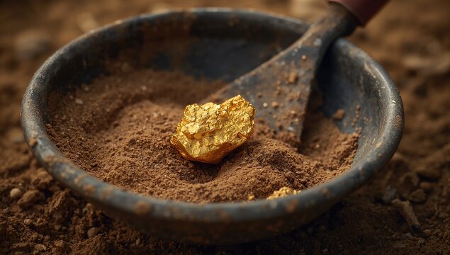 Gold found in a weathered pan alongside river sand, emphasizing the labor-intensive process of gold panning