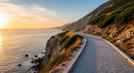 Scenic coastal road at sunset with ocean views and rolling hills