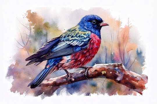 Primo piano di uccelli colorati in natura in stile dipinto,  acquerello. Fauna libera e selvatica. La bellezza del mondo animale.