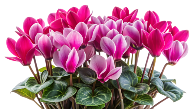 A vibrant cluster of pink and magenta cyclamen flowers in full bloom, isolated on a clean transparent background, showcasing their unique petals and lush green foliage