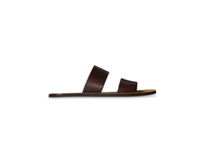 A Dark Brown Leather Sandal With Two Straps, Brown Leather Footbed, Flat Sandal on transparent Background, comfortable slip-on style. Ideal for casual wear.