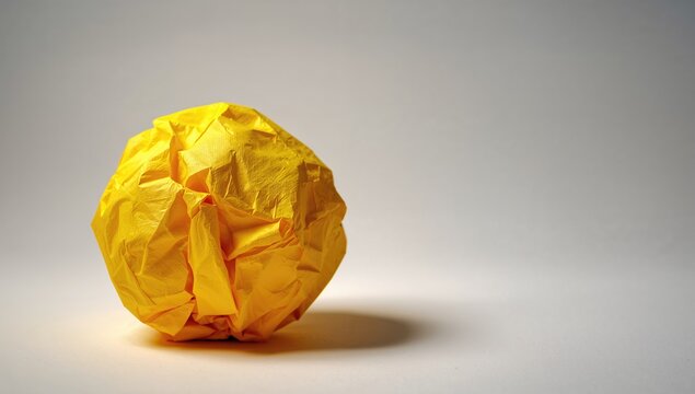 Yellow crumpled paper ball symbolizing a creative business concept, brainstorming tool for innovative ideas
