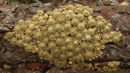 Patterns created by lichens on a tree branch, showcasing organic textures and natural growth