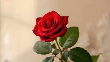 Red rose blossom accompanied by foliage, symbol of love and beauty