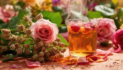 Rosebuds alongside a cup of herbal tea, promoting relaxation and wellness