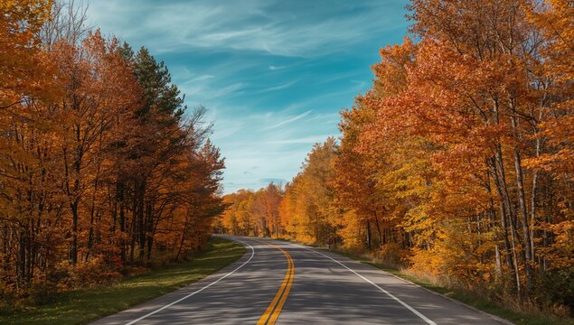 A lengthy country road winding through a vibrant corridor of trees in autumn, seasonal change