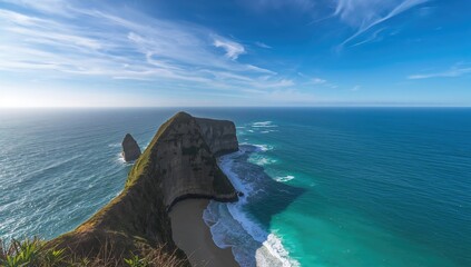 A picturesque cliff alongside the Pacific Ocean with a clear blue sky and beach, highlighting the beauty of summer travel