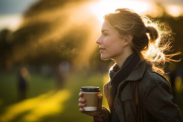 Backlit profile of a young woman holding a takeaway coffee cup in a park at golden hour, scarf and jacket on a crisp autumn morning
