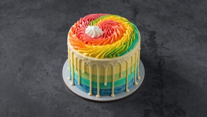 Rainbow cake adorned with whipped cream on a dark grey backdrop, visually appealing dessert for celebrations