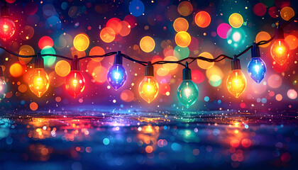 Colorful Christmas string lights (bulbs) glowing over a reflective wet surface with a vibrant bokeh background