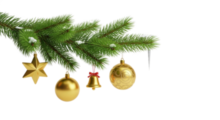 A Christmas tree branch with golden ornaments and a star, hanging against a png transparent.
