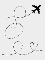 Naklejka premium An airplane flying a dotted path that loops and forms a heart shape, the simple design evokes travel, love, and a sense of adventure