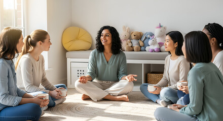 Diverse women gathering for wellness circle talk with tea in modern home studio
