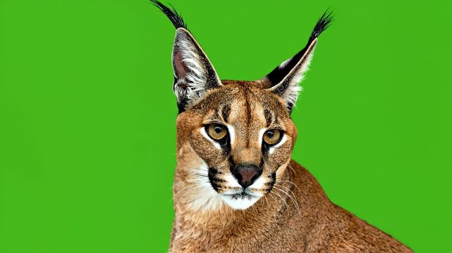 Beautiful Caracal Wild Cat Portrait on Green Screen Background.