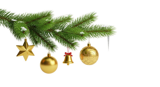 A Christmas tree branch with golden ornaments and a star, hanging against a png transparent.