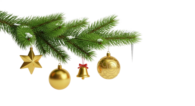 A Christmas tree branch with golden ornaments and a star, hanging against a png transparent.