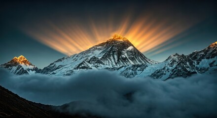 Majestic snow-capped mountain peaks with dramatic sunburst rays bursting from behind them