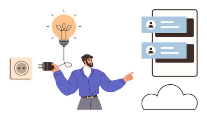 Man holding a plug near socket and pointing to a light bulb, chat interfaces, and a cloud shape. Ideal for innovation, teamwork, connectivity, data management, digital solutions, brainstorming