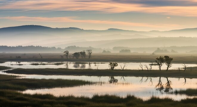 Misty Morning Landscape with Calm Water Reflecting Trees and Hills