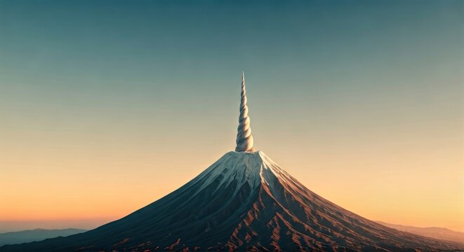 Majestic snow-capped mountain with a spire-like peak under a gradient sunset sky