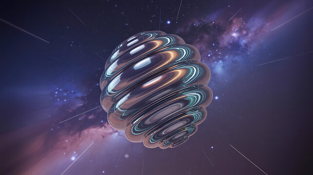 Futuristic metallic sphere floating in deep space with glowing cosmic energy

