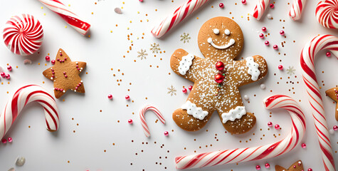 Christmas gingerbread man and candy canes with gold confetti decoration