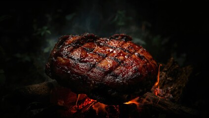 A Close-Up of Grilled Wild Game Meat in a Dimly Lit Forest, Emphasizing Outdoor Cooking Techniques