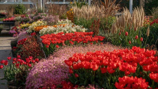 Spring flowers available for purchase at the garden center, vibrant colors and seasonal selection