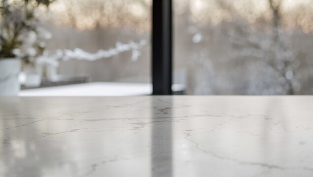 Marble tabletop with blurred window glass backdrop, ideal for product display