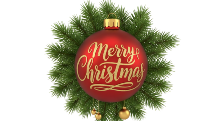 A red Christmas ornament with "Merry Christmas" in gold script, centered within green pine branches, set against a transparent background.