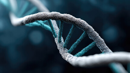 DNA double helix made of glowing cyan and turquoise particles, floating in dark space, digital visualization, bioluminescent dots forming spiral structure, connecting lines and nodes