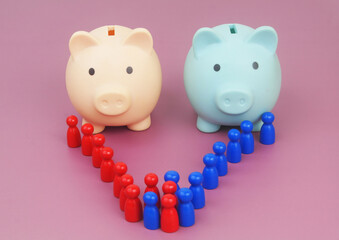 Two piggy banks and different people figures in rows on purple background. 