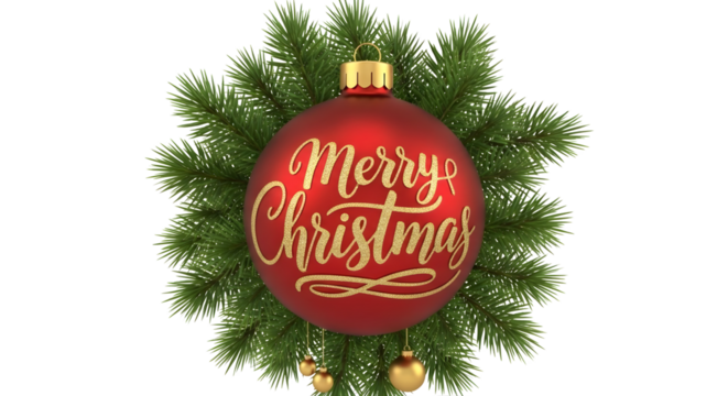 A red Christmas ornament with "Merry Christmas" in gold script, centered within green pine branches, set against a transparent background.