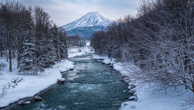 Scenic view of Hokkaido's snowy landscape during winter, ideal backdrop for travel themes