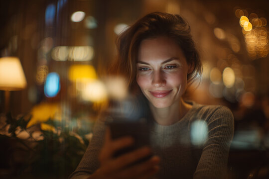 Warm evening portrait of a smiling woman using her smartphone in a cozy bokeh-lit cafe, absorbed by messages and soft ambient light