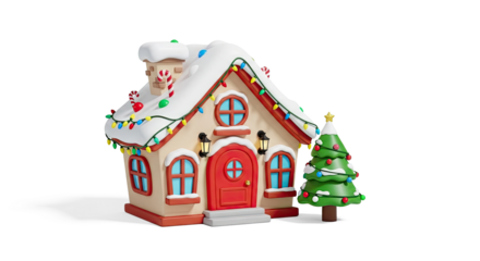 A whimsical, cartoonish house with a snow-covered roof, decorated with Christmas lights, a Christmas tree, and a candy cane, set against a png transparent.