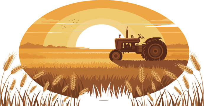 Vintage farm tractor in golden wheat field at sunset rural agricultural landscape vector illustration