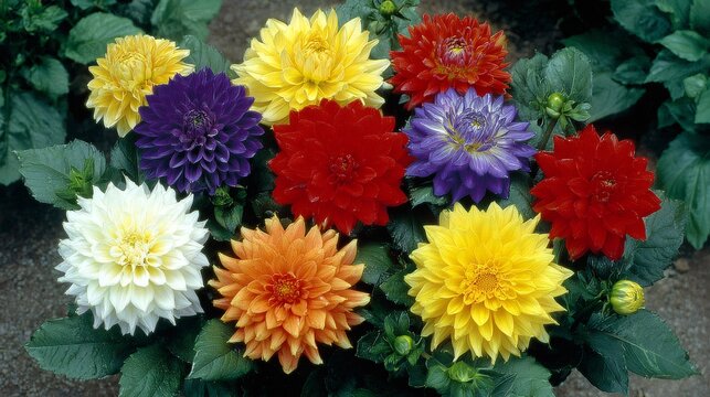 Diverse dahlia flowers blooming vibrantly in a summer garden, showcasing colorful petals and botanical beauty
