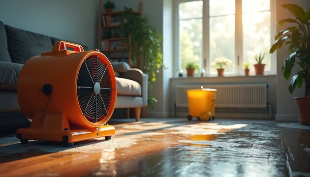 Orange industrial fan dries wet wood floor in sunny living room. Water damage cleanup with restoration equipment after flood. Home repair work to remove moisture. Modern tools used for house recovery