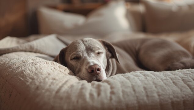 A senior Labrador resting on a bed, showcasing fatigue in a home setting - Powered by Adobe